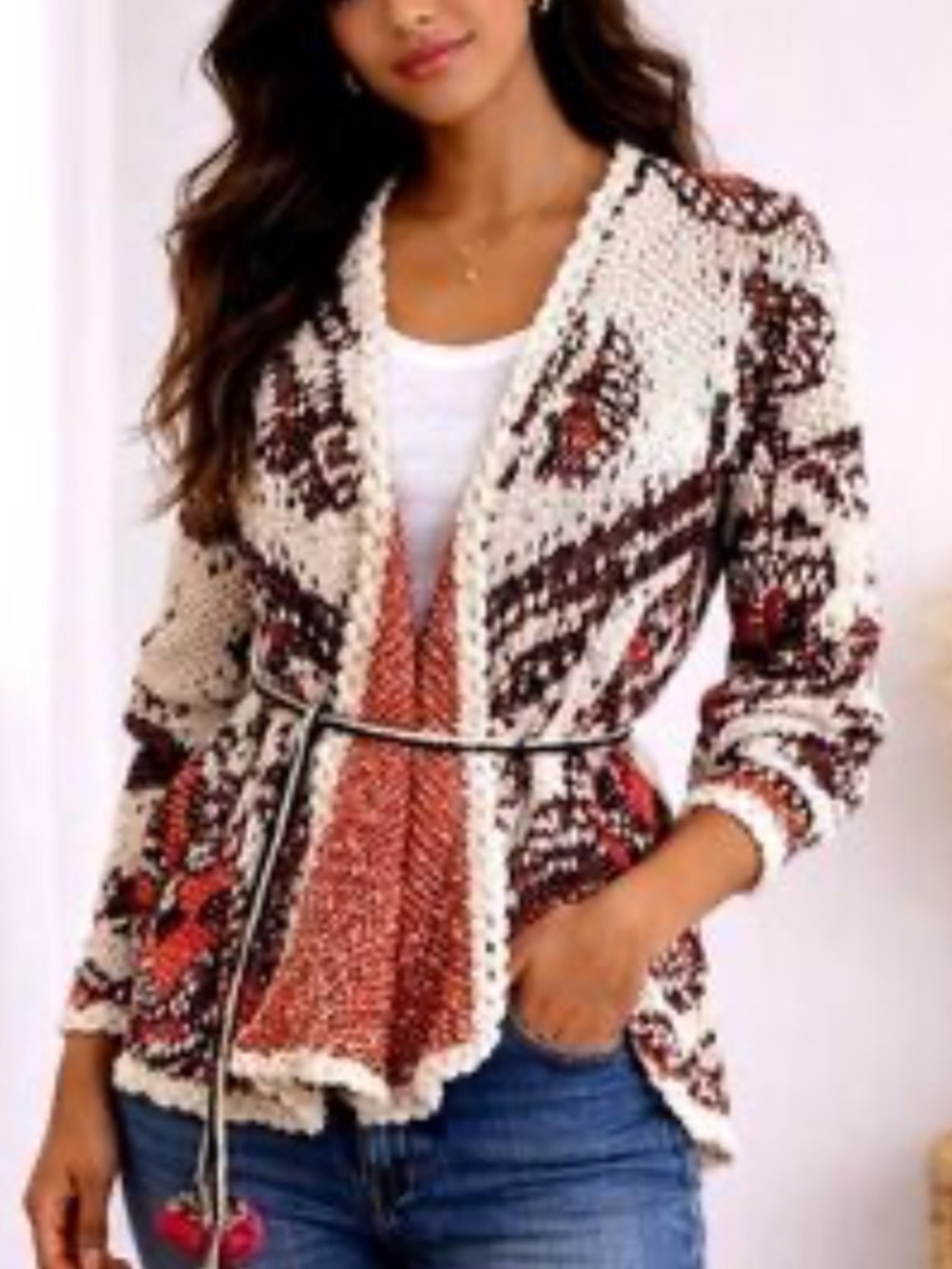 Anthropology Ava Couture Open Belted Boho Style Cardigan Sweater Size Large